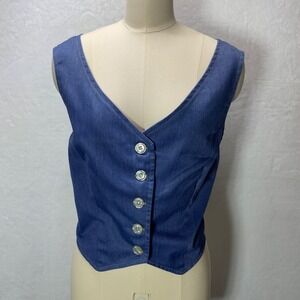 Hand‎ Made Womens Blue Denim-Type Button Up Vest Classic V Neck Sleeveless Top